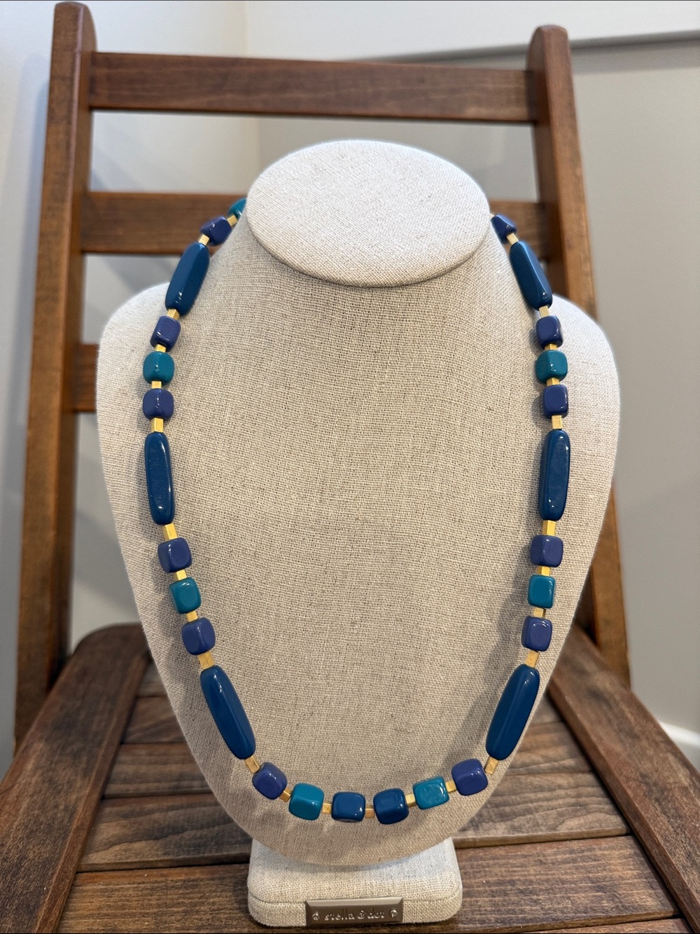 Vintage Trifari Blue Teal Geometric Beaded Necklace Gold Tone